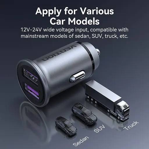 Автомобільний зарядний пристрій Vention Two-Port USB A+A(30/30) Car Charger сірий Mini Style Aluminium Alloy Type (FFEH0) - фото 3