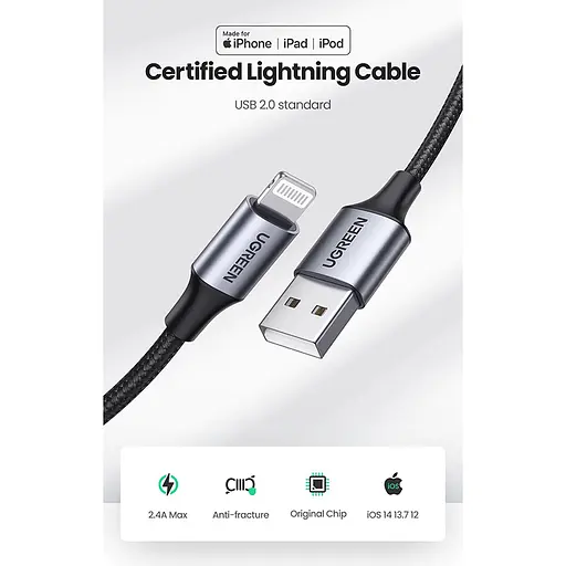 Кабель Ugreen USB 2.0 AM-Lightning M, 1 м, 2.4A, Чорний, US199 - фото 3