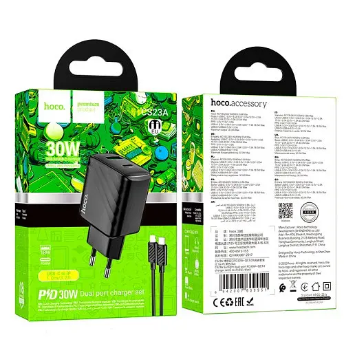 Мережевий зарядний пристрій Hoco CS23A Sunlight dual-port PD30W+QC3.0 charger set(C to iP) чорний - фото 4