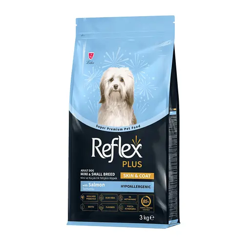 Повноцінний та збалансований сухий корм Reflex Plus для шкіри та шерсті собак малих порід з лососем 3 кг