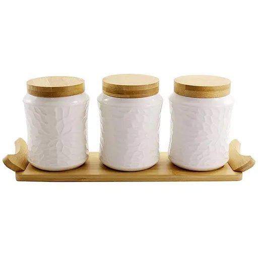 Набір банок порцелянових Interos PJ03028-S на дерев'яній підставці 3 предмети 500 мл