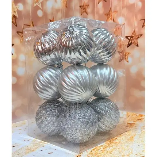Набір ялинкових іграшок Рельєф пластикових круглих 12 шт 8 см Срібний - фото 1
