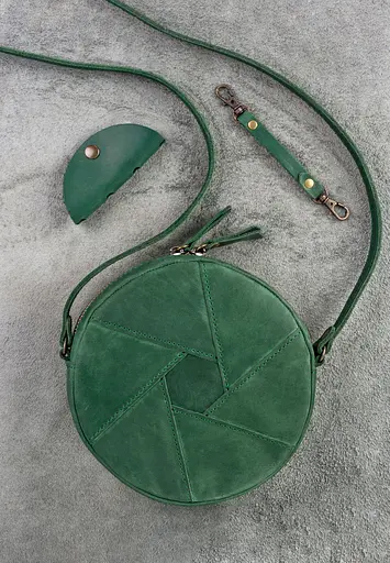 Шкіряна кругла жіноча сумка Бон-Бон зелена Crazy Horse - фото 3