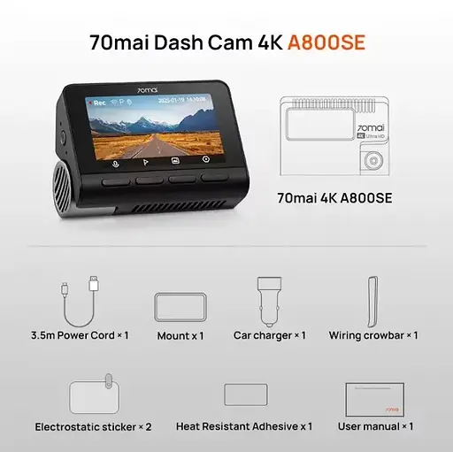 Видеорегистратор Xiaomi 70mai Dash Cam 4K A800SE+RC22 камера - комплект - фото 7