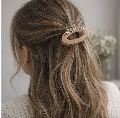 Заколка-крабик овальная 4 см со стразами Fashion пластиковая с пружинным зажимом Розовый - фото 2