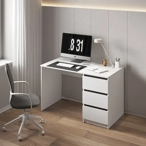 Компьютерный стол Vays, письменный, современный, с тумбой cправа, 3 ящика з фасадами без ручек R-1 Белый-Венге Темный планки