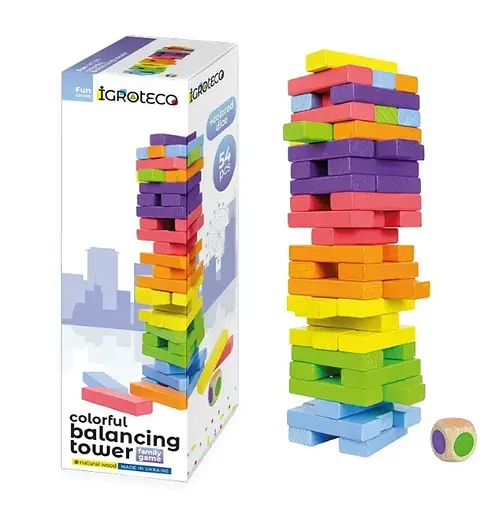 Игра настольная IGROTECO "Башня-балансир" 54 деревянных бруска, игральный кубик 900781
