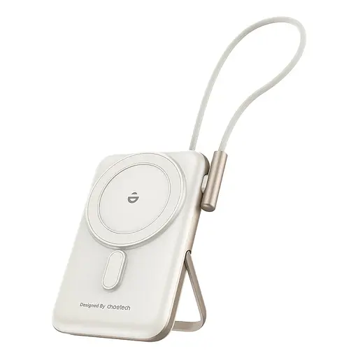 Повербанк 10000mAh Choetech B735 White QC3.0 PD3.0 бездротова магнітна зарядка, вбудований кабель, підставка (43-00150) - фото 1