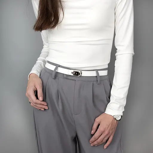 Ремень женский узкий белый кожаный JK-2031 с серебряной пряжкой (110 см) - фото 2