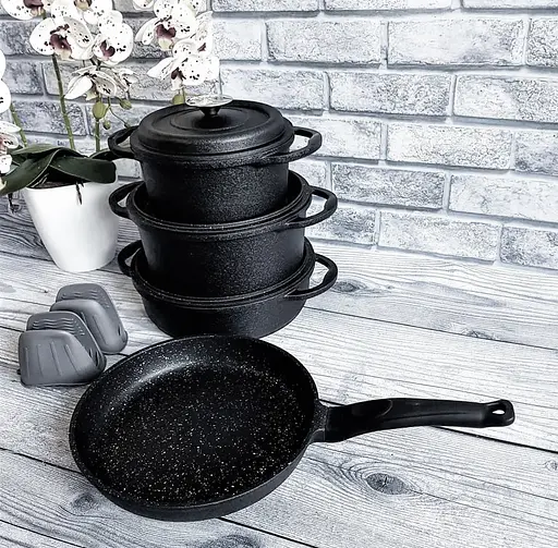 Набір каструль O.M.S. Collection 3050 з гранітно-мармуровим покриттям Чорний (Туреччина) - фото 6