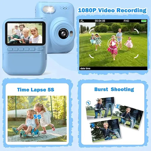 Детская камера Instant Hangrui 3.0-дюймовый экран 1080P с картой 32 ГБ и бумагой для печати, цветные ручки - фото 3
