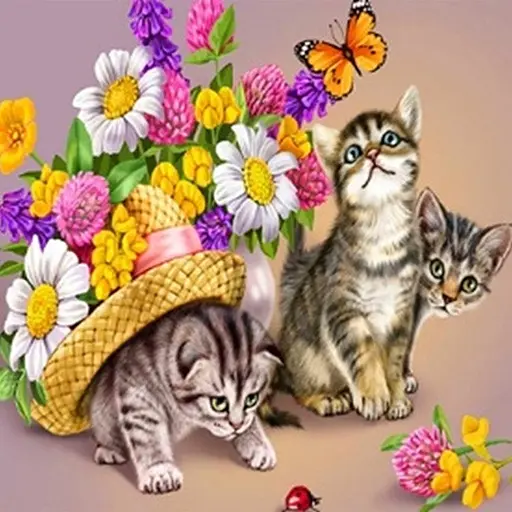 Алмазна мозаїка 30*30 см зі стразами на підрамнику повна викладка Котики і квіти - фото 1