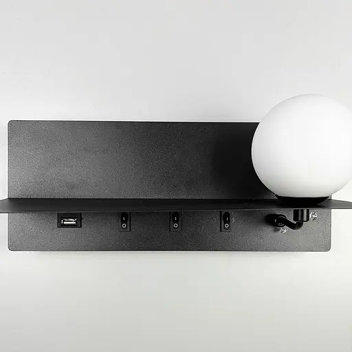 Удлиненное черное бра с плафоном, полочкой и USB 30х13 см Line F Арт. WB028/300 BK - фото 4