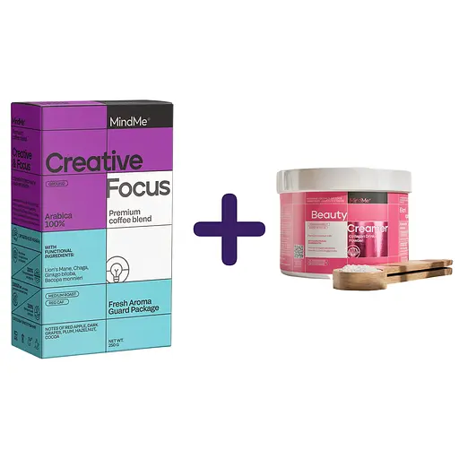 Набор: кофе MindMe Creative & Focus функциональный молотый 250 г + коллагеновые сливки с кокосовым молоком MindMe Beauty Creamer 210 г