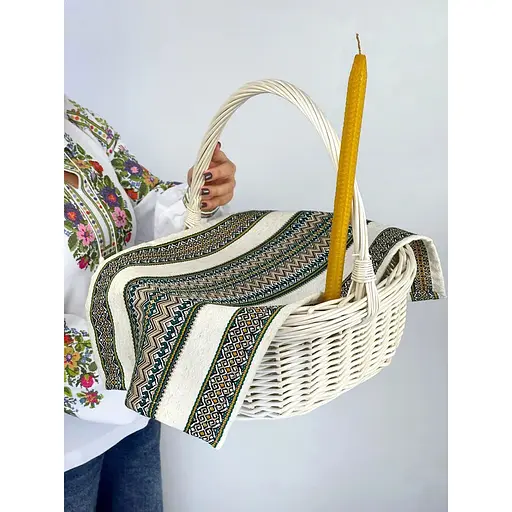 Комплект Пасхальная корзина Буковина (большая) с льняным полотенцем 70х30 см Рандеву и свечой