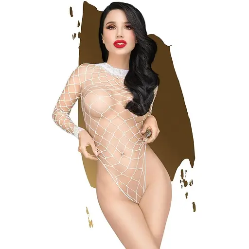 Боди Penthouse Scandalous S/L White, большая сетка, высокий воротник, длинные рукава