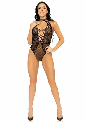 Leg Avenue Net and lace halter bodysuit OS Black One size - фото 9