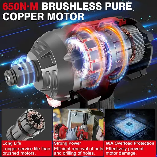 Акумуляторний ударний гайковер Sundpey 650N·m - 21V 1/2-дюймовий безщітковий електричний ударний пістолет з акумуляторною батареєю - фото 7