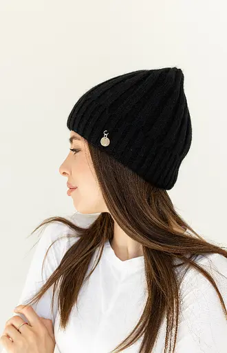 Теплая женская шапка Ангора Рейчел двухслойная с брошью Черный - фото 2