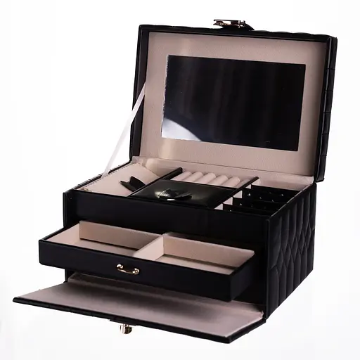 Скринька для прикрас з екошкіри 3 яруси з дзеркалом 22.5×15.5×13 см органайзер для прикрас Чорний Yiwu HP-5-17B - фото 3