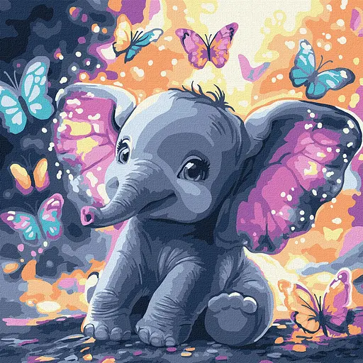 Набор для росписи по номерам Беззаботный слоник с красками металлик, Ideyka, 30x30 см, КНО6761