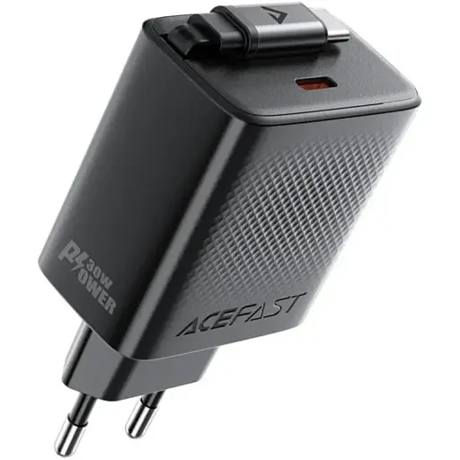 Мережевий зарядний пристрій з кабелем Acefast A110 PD30W GaN charger (USB-C+USB-C) with retractable cable (EU) чорний - фото 1