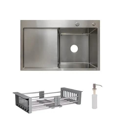 Кухонна мийка Lidz Handmade H7849L інтегрована крило зліва Brushed у комплекті з дозатором та корзиною, Нержавіюча сталь - фото 1