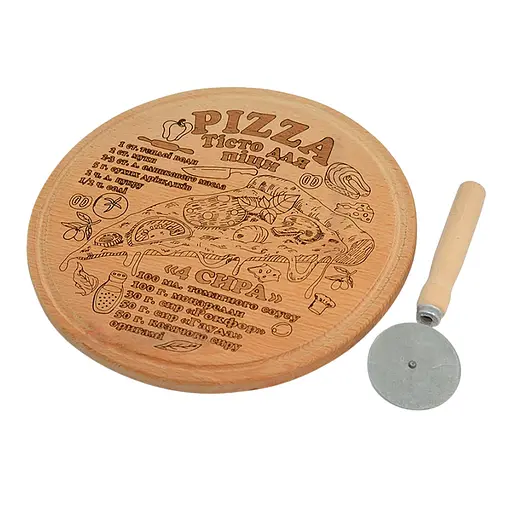 Доска для пиццы кухонная разделочная деревянная из бука с каймой, гравировкой и ножом для пиццы Ø 30 см, Woodly Бежевый 87162 - фото 1