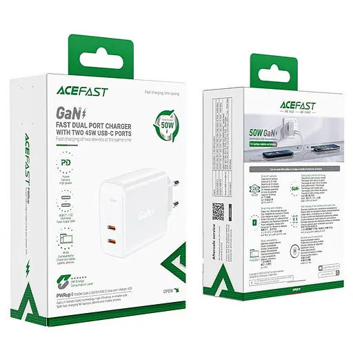 Адаптер питания сетевой ACEFAST GaN A29 на 2 Type-C выхода мощностью 50W белый - фото 2