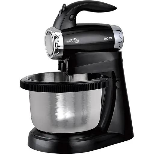 Monte Миксер с вращающейся чашей из нержавеющей стали 400Ват|5 скор.|турбо| 2 насадки| цвет черный&quot;