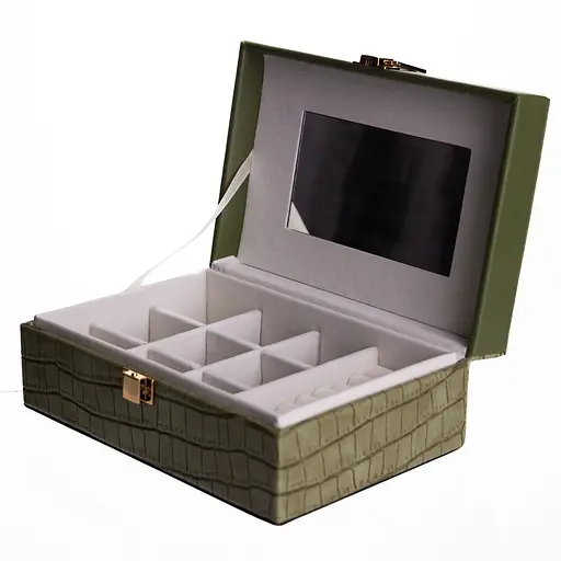 Скринька для прикрас з екошкіри 10 відділень із дзеркалом 20×14×8 см органайзер для прикрас Зелений Yiwu HP-5-19GR - фото 4