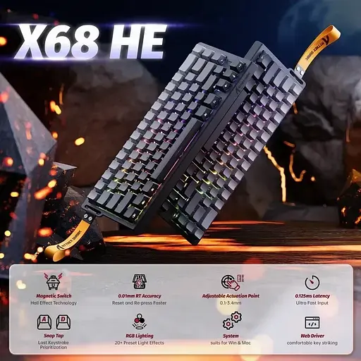Игровая магнитная клавиатура ATTACK SHARK X68 HE,RGB,Rapid Trigger, Тёмно-серый - фото 5