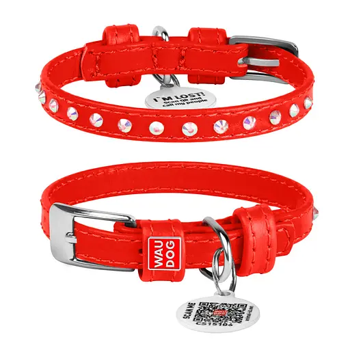 Ошейник для собак кожаный Waudog Glamour с QR-паспортом с клеевыми стразами Ш 9 мм Д 19-25 см красный