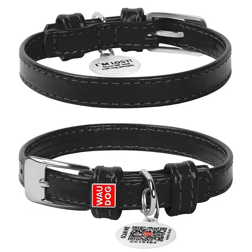 Ошейник для собак кожаный Waudog Glamour с QR-паспортом без украшений XS Ш 12 мм Д 21-29 см черный