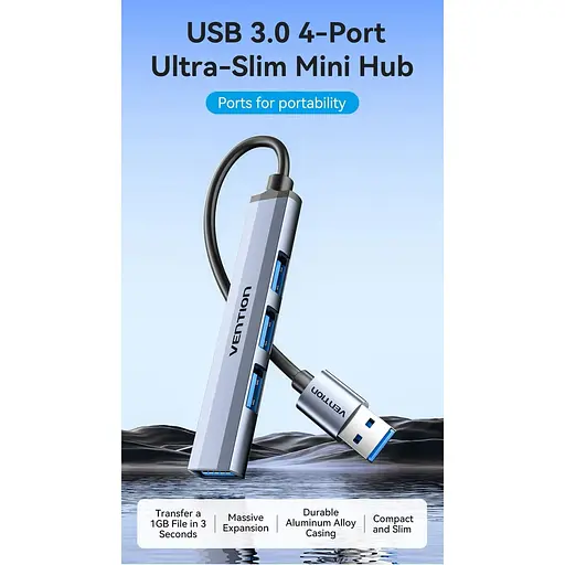 Хаб USB 3.0 - 1xUSB 3.0/3xUSB 2.0, 0,15 м, 5 Гбит/с, Grey Vention - фото 3