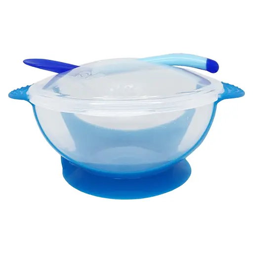 Тарелка на присоске прозрачная MGZ-0100(Blue) с термоложкой и крышкой - фото 2