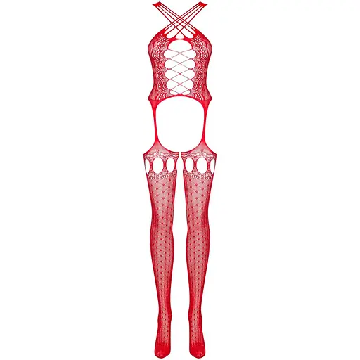 Бодистокинг Obsessive Bodystocking G313 S/M/L Red, шнуровка, геометрический декор - фото 5