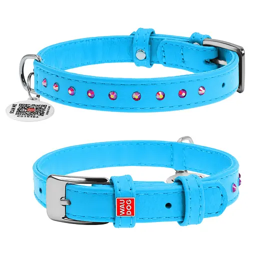 Ошейник для собак кожаный Waudog Glamour с QR-паспортом с клеевыми стразами Ш 15 мм Д 27-36 см голубой