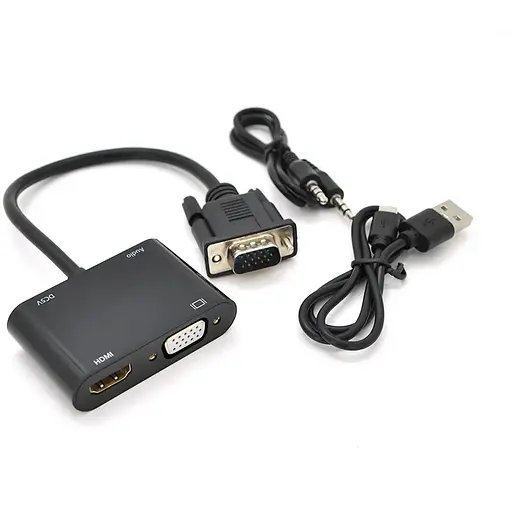 Конвертер VEGGIEG V2-H VGA (тато) на VGA (мама) + HDMI (мама), 25cm, Black, Пакет