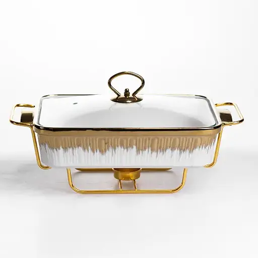 Мармитница фарфоровая Yiwu 1.5 л на золотистой металлической подставке с подогревом 35.5х19х15.5 см с поддержанием температуры ML-860-13 - фото 5