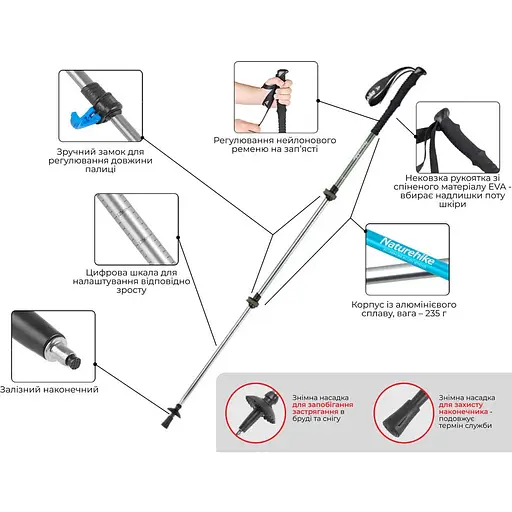 Трекинговая палка телескопическая для походов и спортивной ходьбы Naturehike Men ST 01 6061 AL NH17D001-Z алюминий зеленый - фото 4
