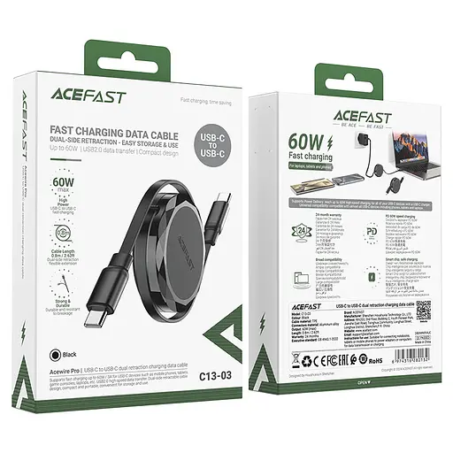Кабель ACEFAST C13-03 USB-C to USB-C dual retraction charging data cable Black - фото 2