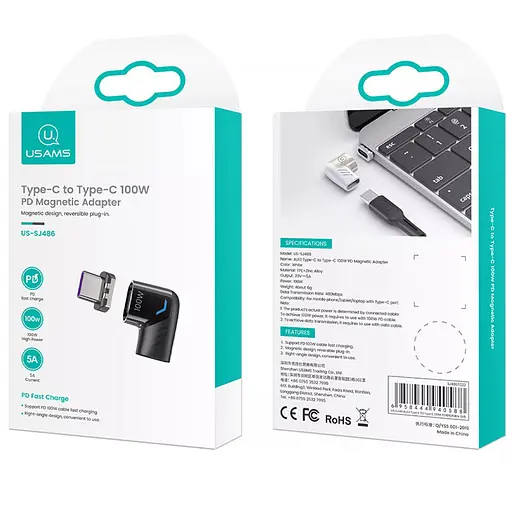 Перехідник поворотний 90 градусів Type-C to Type-C Usams US-SJ486 AU13 100W PD Magnetic - фото 5