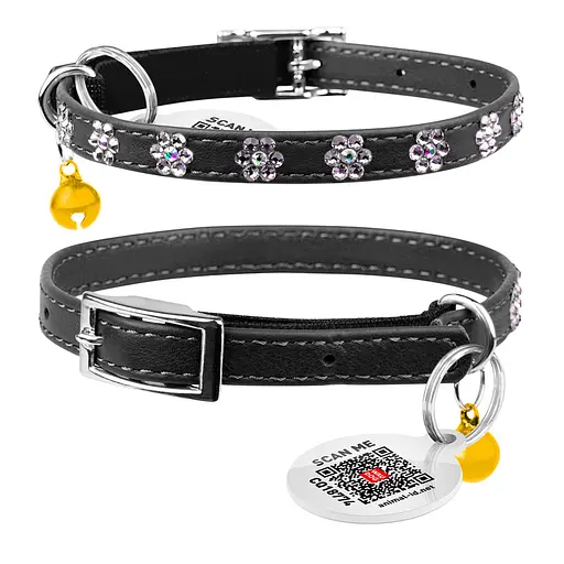 Ошейник Waudog Glamour с резинкой клеевыми стразами "Цветок" для кошек (ширина 9мм длина 22-30см) черный