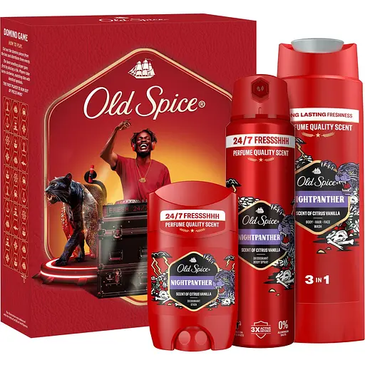 Уцінка. Подарунковий набір Old Spice DJ Night Panther: аерозольний дезодорант 150 мл + дезодорант-стік 50 мл + гель для душу 3-в-1, 250 мл + гра Доміно