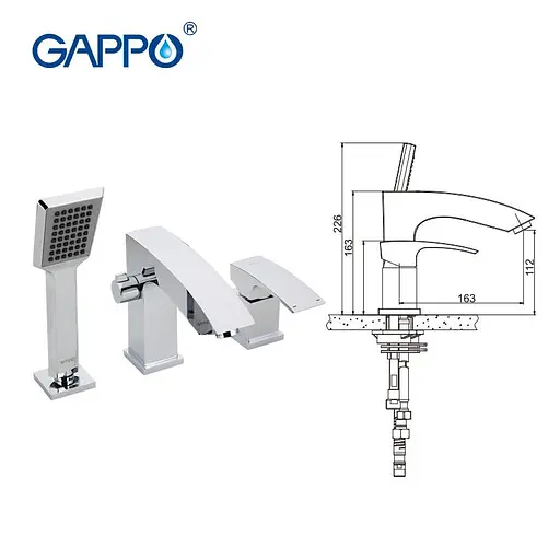 Смеситель на борт ванны врезной 3 элемента шпилька Gappo Jacob 1/3 G1107 Хром - фото 3