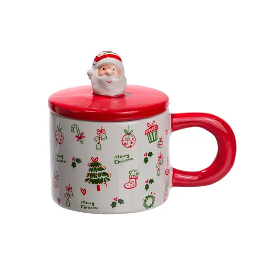 Новогодняя фарфоровая чашка с крышкой Merry Christmas для чая и кофе 350 мл Yiwu CR-1-20