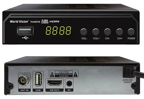 TV-тюнер внешний автономный World Vision T644B, Black, H.265, AC3, DolbyDigital, DVB-T2/T/C, FM тюнер, IPTV, DLNA, Stalker, 7 кнопок, дисплей, 2хUSB, металлический корпус, обучаемый пульт для управления ТВ, встроенный блок питания, CPU-GX6706 - фото 1
