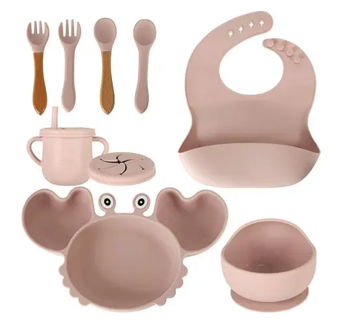 Набор детской силиконовой посуды для первого прикорма на присосках 9 предметов Краб Beige (18973) - фото 2