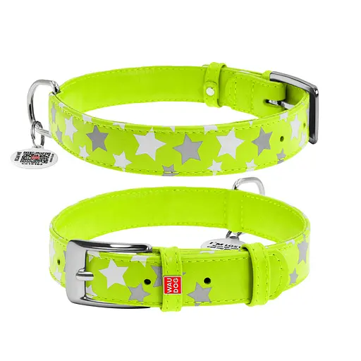 Ошейник для собак кожаный Waudog Glamour с QR-паспортом узор "Звездочка" светонакопительный/светоотражающий L Ш 25 мм,